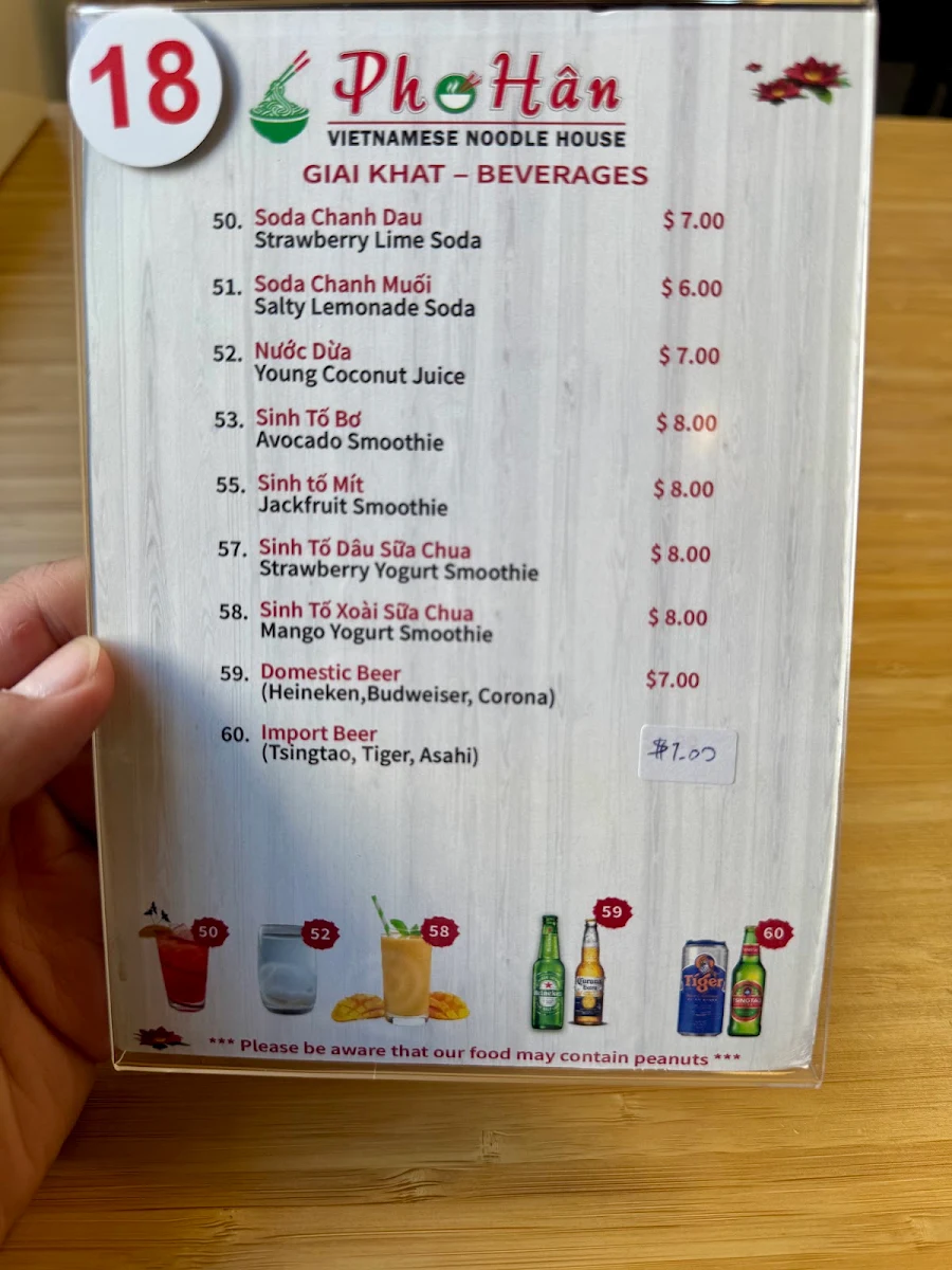 Menu, Pho Han Vietnamese Noodle House