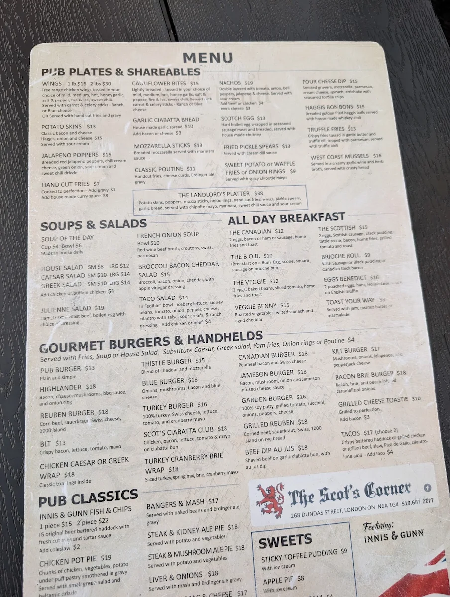 Menu, The Scot's Corner