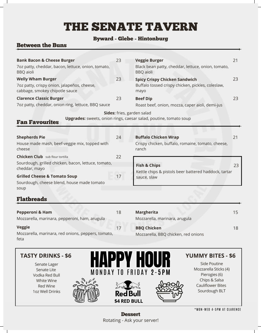 Menu, The Senate Tavern on Clarence
