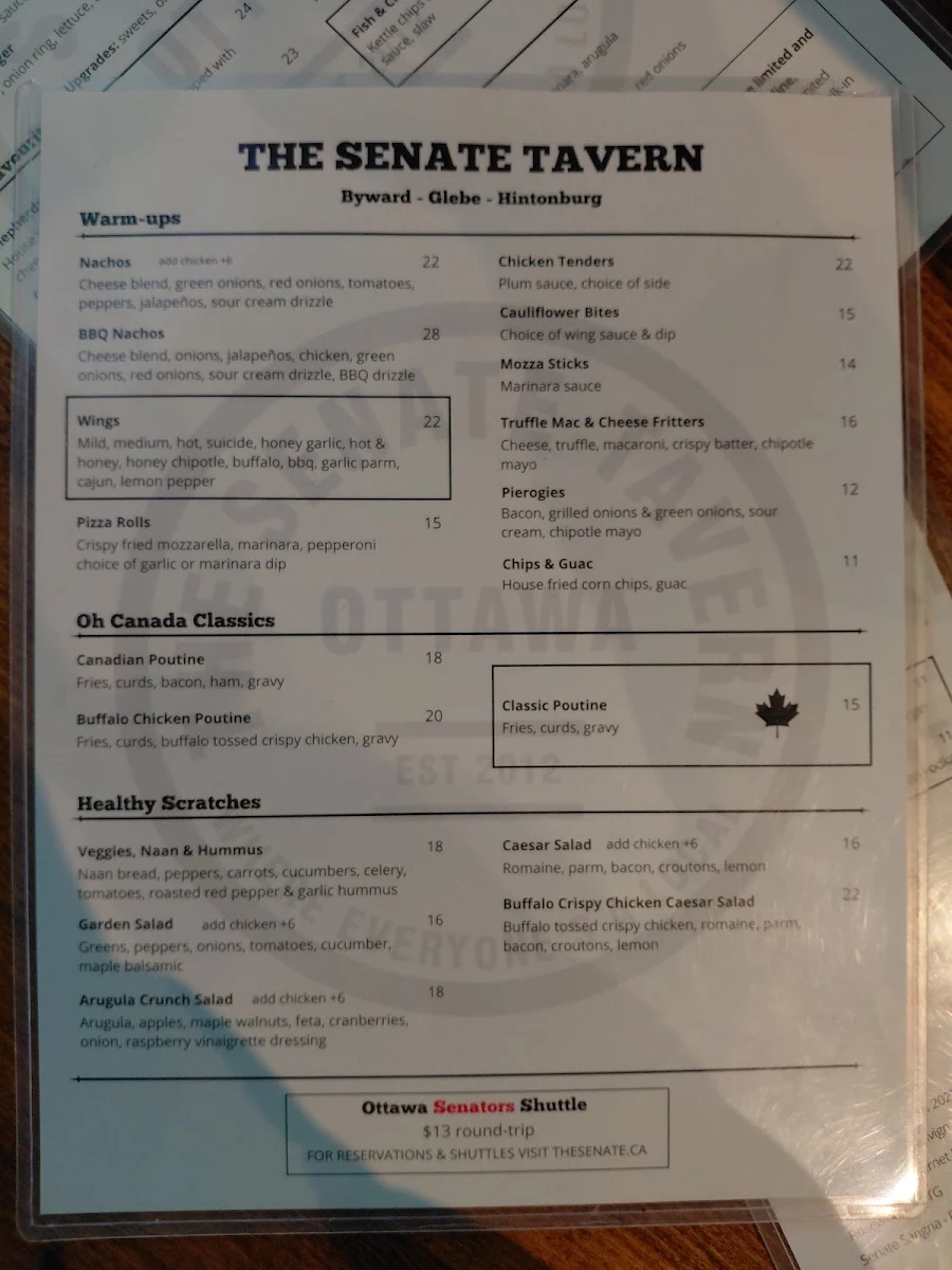 Menu, The Senate Tavern on Clarence