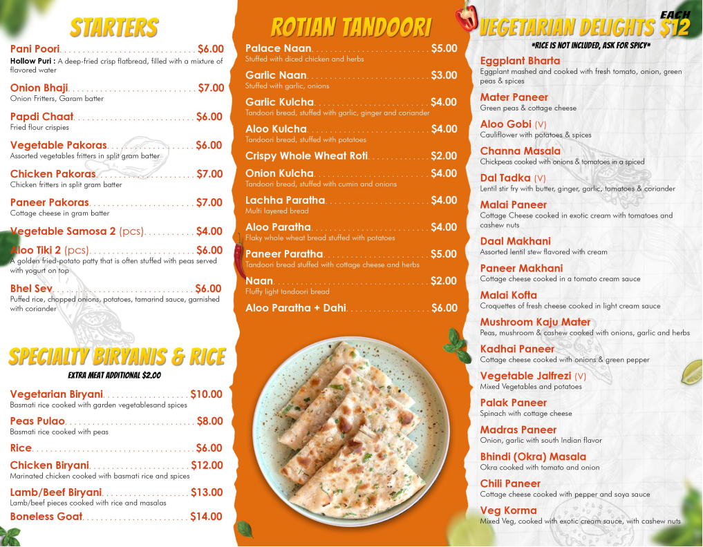 Menu, Tanjore North Indian Cuisine