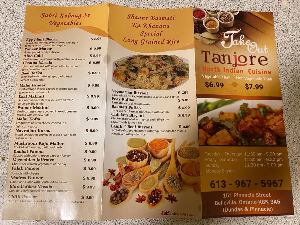 Menu, Tanjore North Indian Cuisine