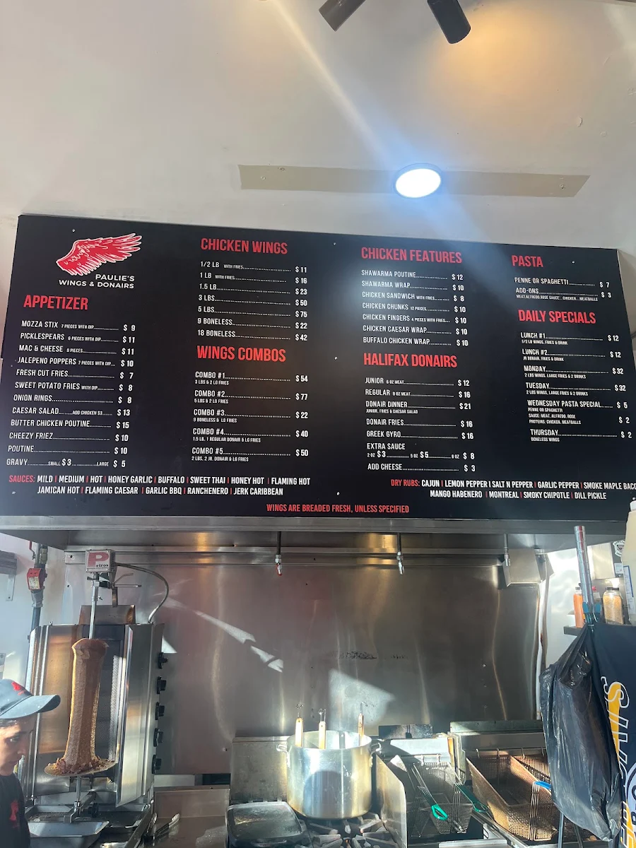 Menu, Paulie's Wings and Donairs