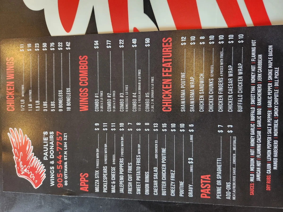 Menu, Paulie's Wings and Donairs