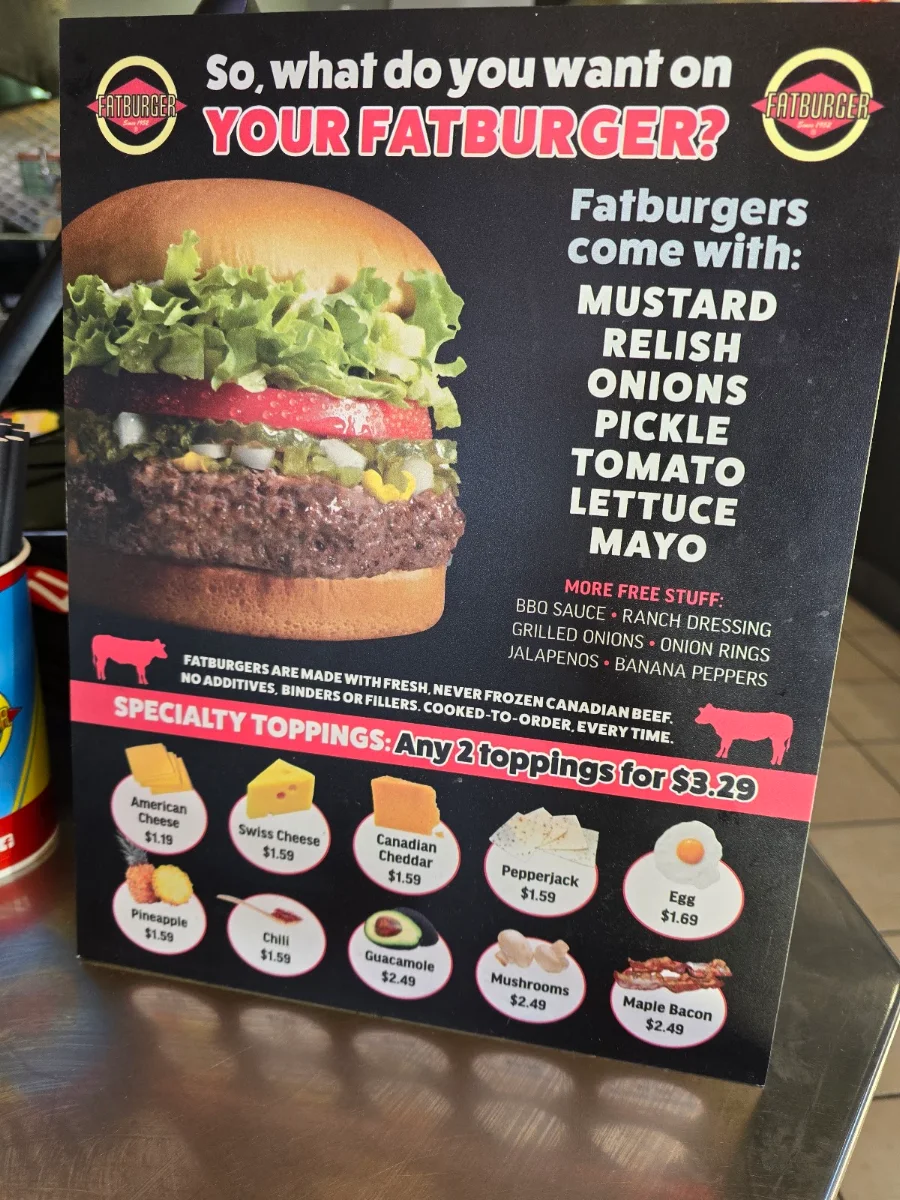 Menu, Fatburger Langley