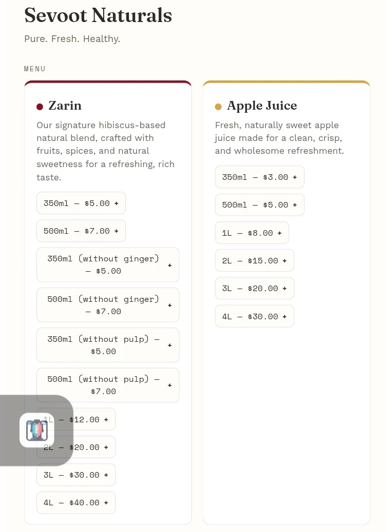 Menu, Sevoot Natural Drinks