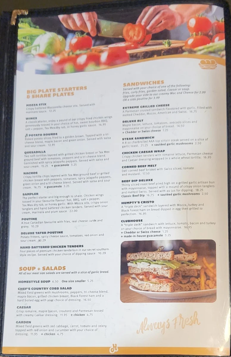 Menu, Humpty's Big Plate Diner - Sterling Centre