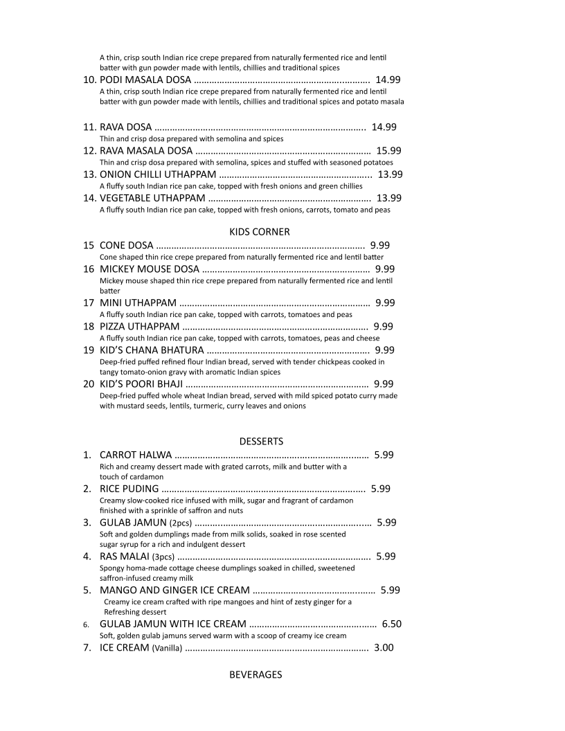 Menu, Kothur Indian Cuisine