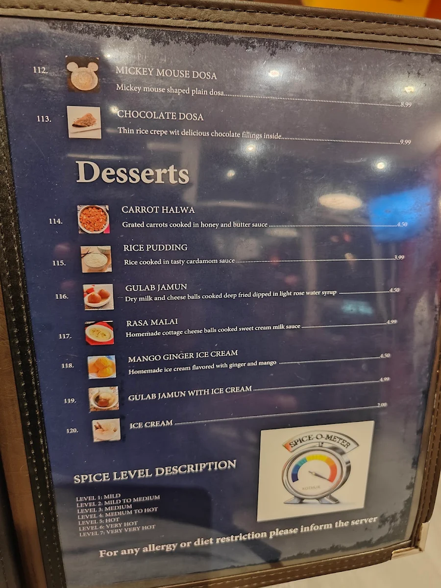 Menu, Kothur Indian Cuisine