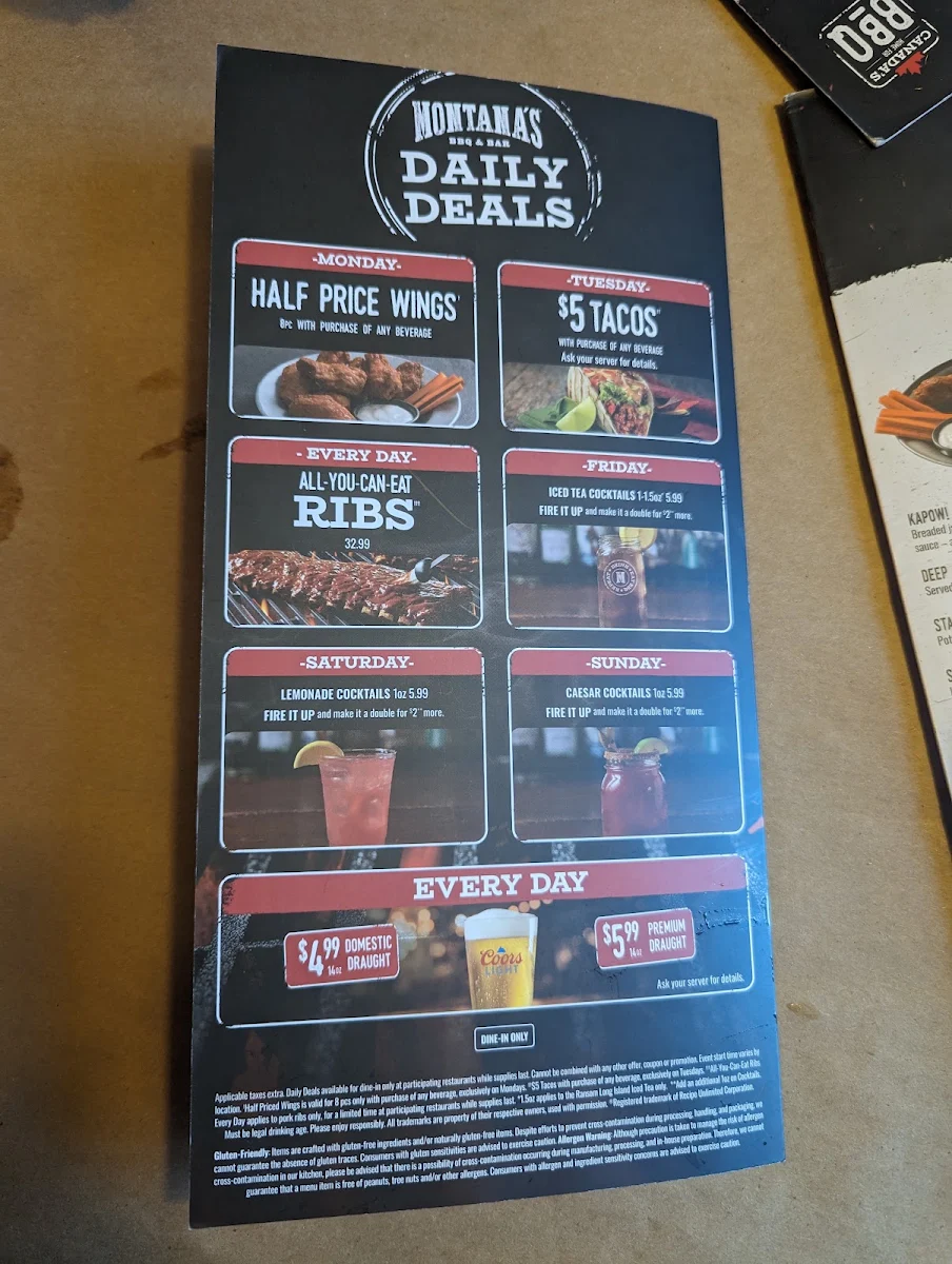 Menu, Montana’s BBQ & Bar