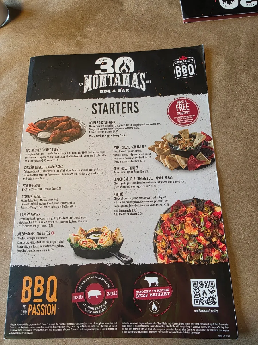 Menu, Montana’s BBQ & Bar