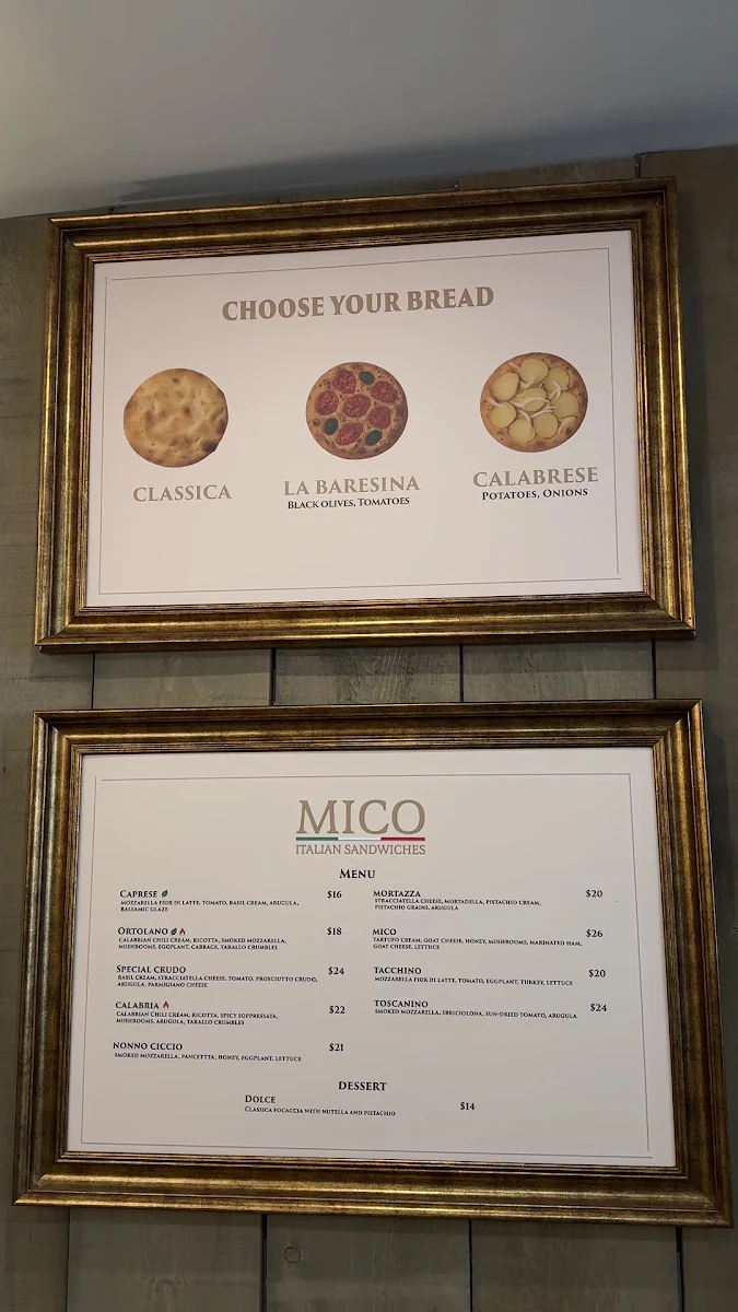 Menu, Mico Italian Sandwiches