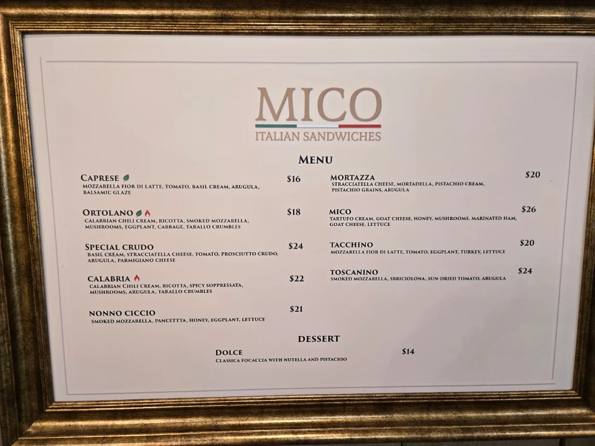 Menu, Mico Italian Sandwiches