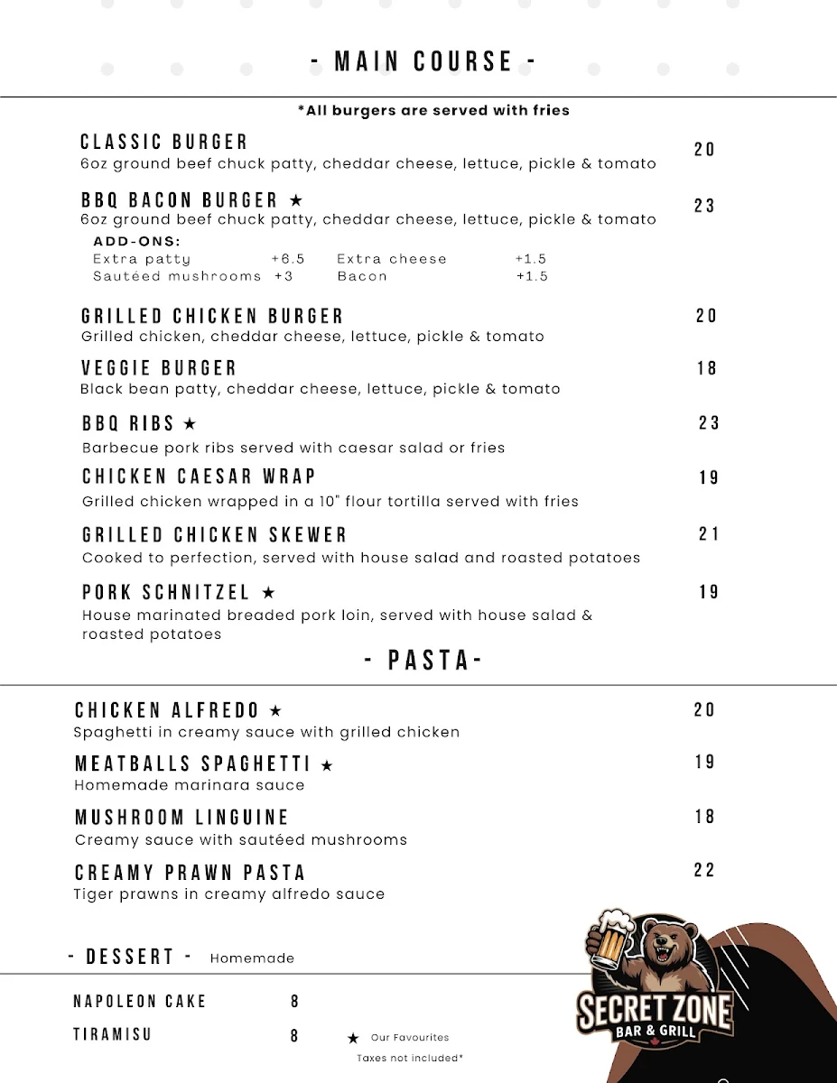 Menu, Secret Zone Bar & Grill Restaurant