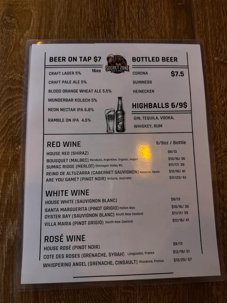Menu, Secret Zone Bar & Grill Restaurant