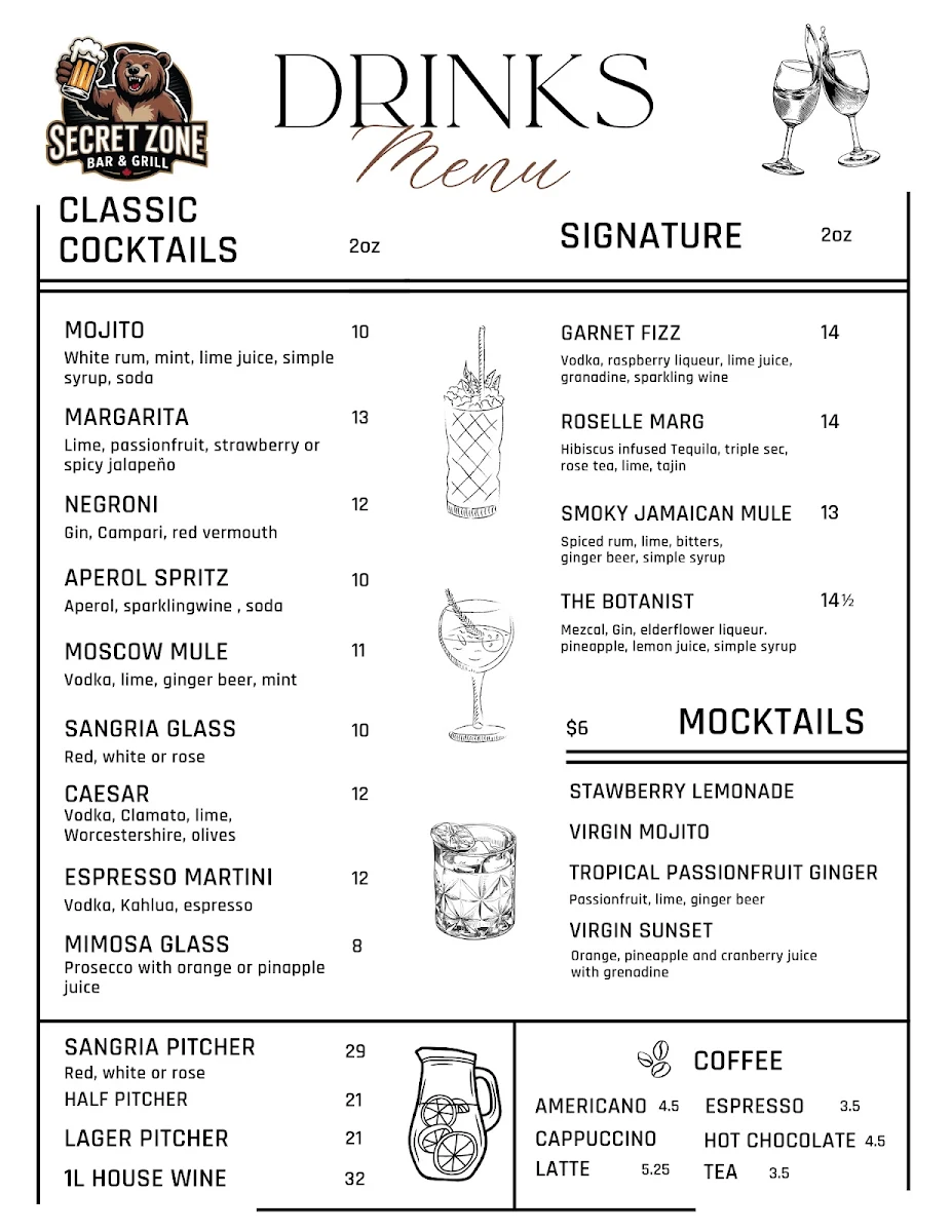 Menu, Secret Zone Bar & Grill Restaurant