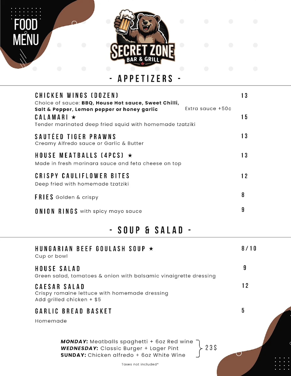 Menu, Secret Zone Bar & Grill Restaurant