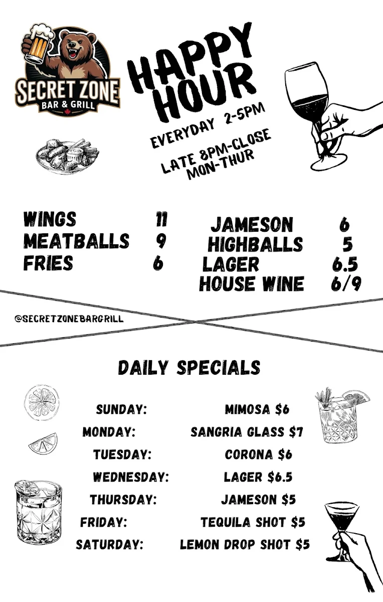 Menu, Secret Zone Bar & Grill Restaurant
