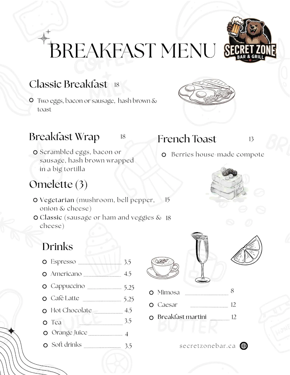 Menu, Secret Zone Bar & Grill Restaurant