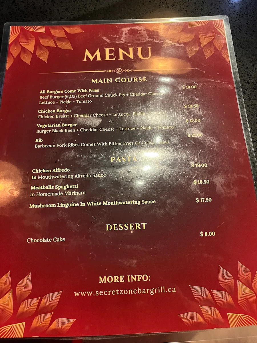 Menu, Secret Zone Bar & Grill Restaurant