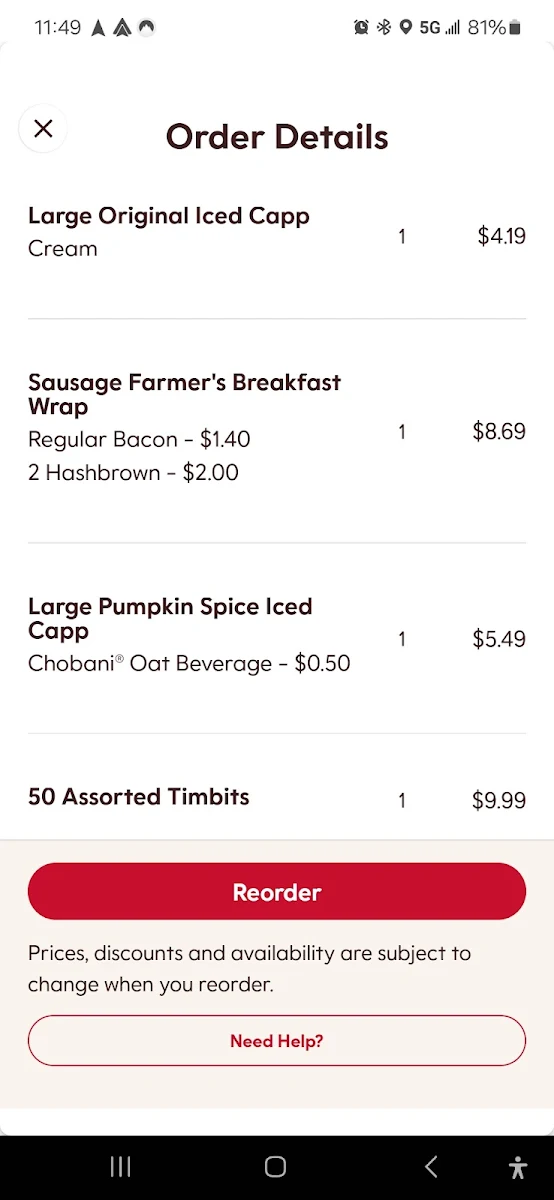 Menu, Tim Hortons