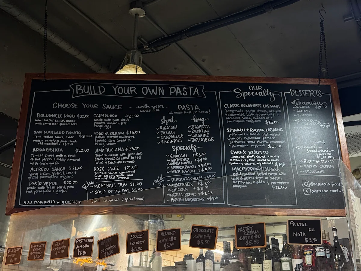 Menu, Casereccio Foods Coffee/Pasta Bar