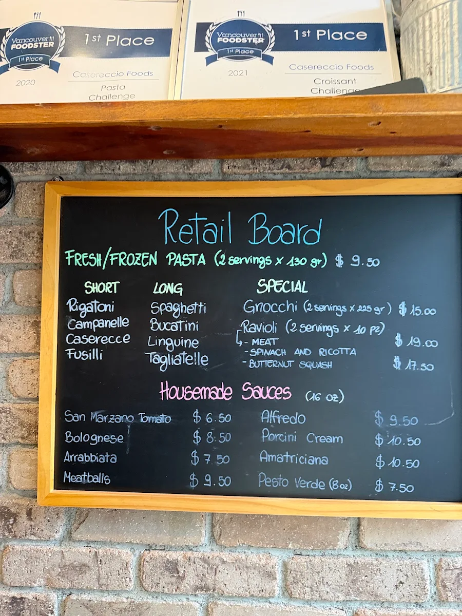 Menu, Casereccio Foods Coffee/Pasta Bar