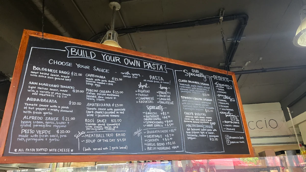 Menu, Casereccio Foods Coffee/Pasta Bar