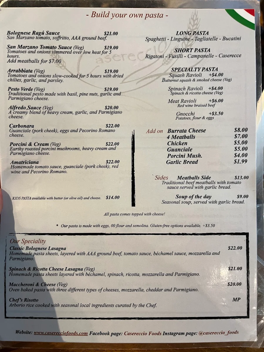 Menu, Casereccio Foods Coffee/Pasta Bar
