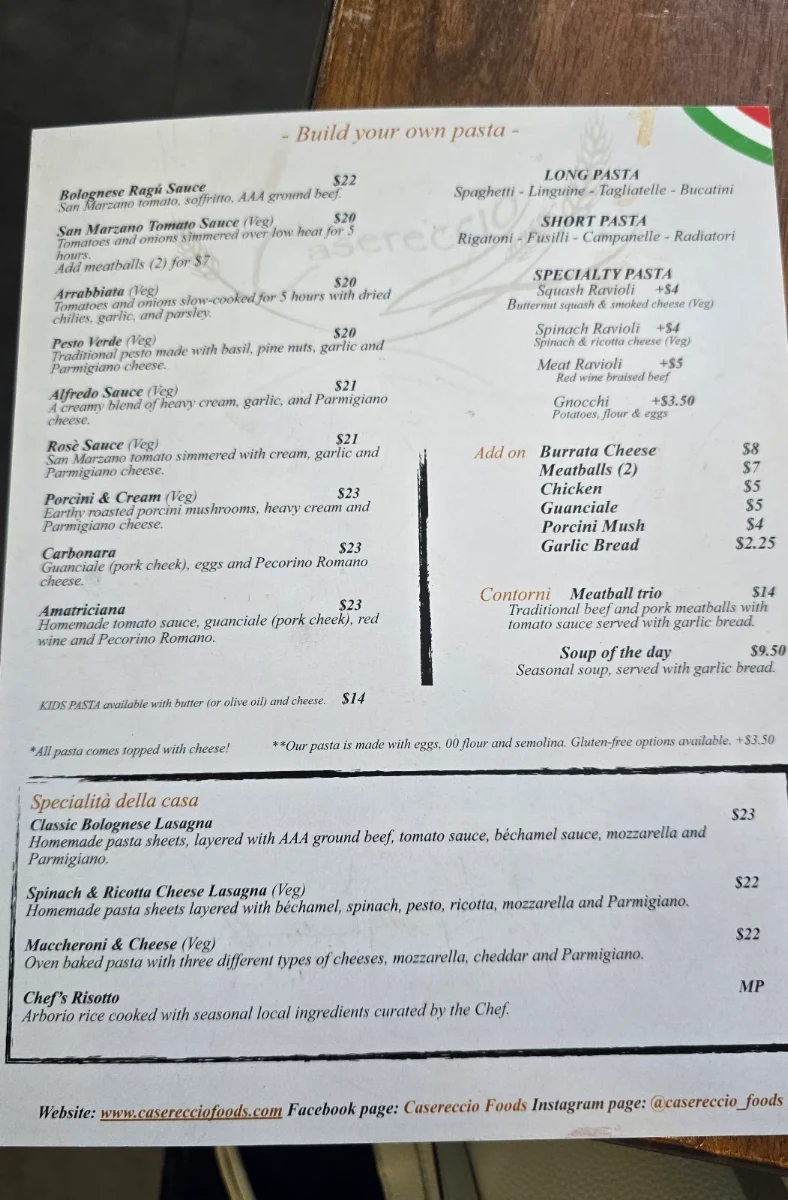 Menu, Casereccio Foods Coffee/Pasta Bar