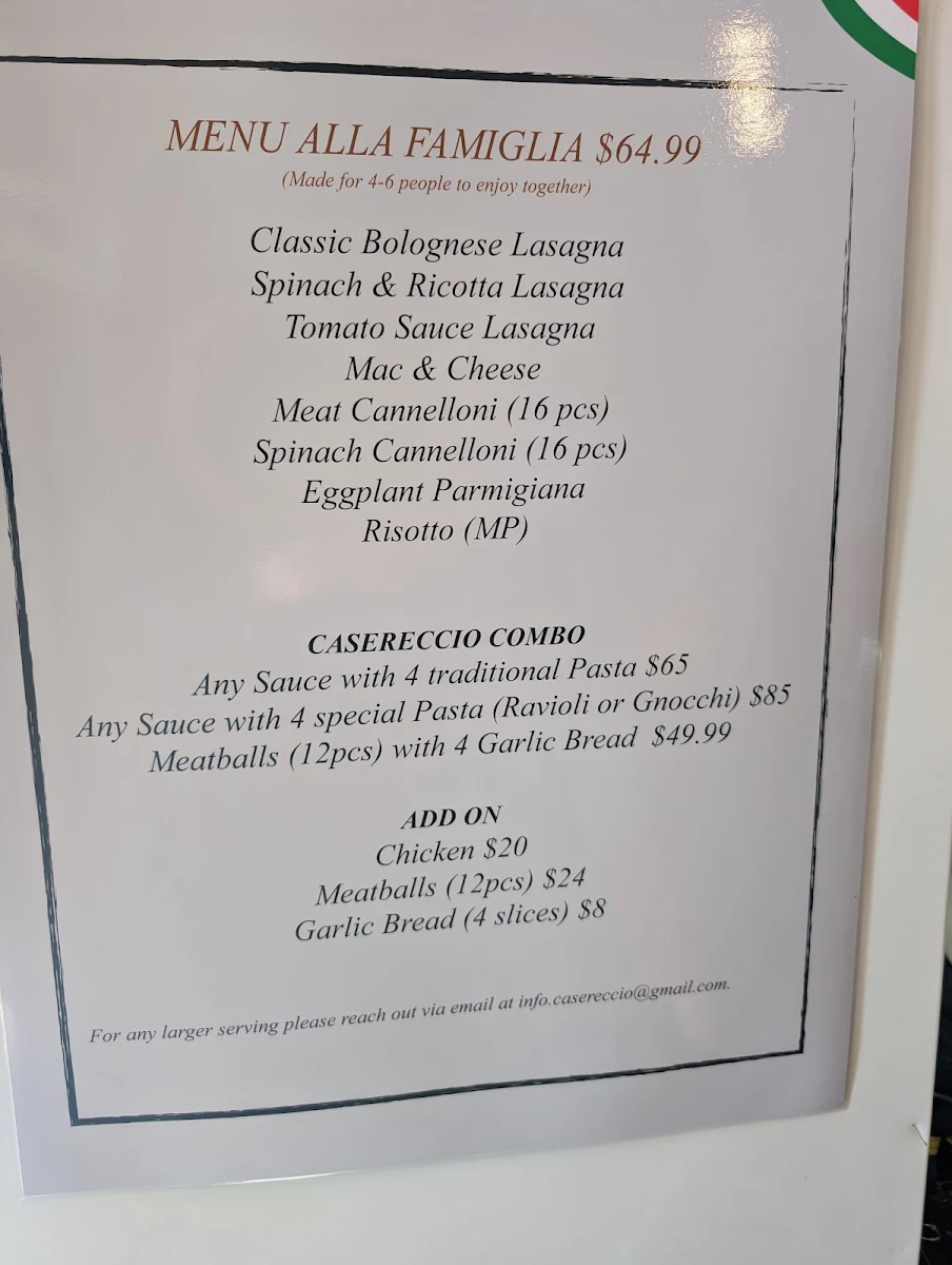 Menu, Casereccio Foods Coffee/Pasta Bar