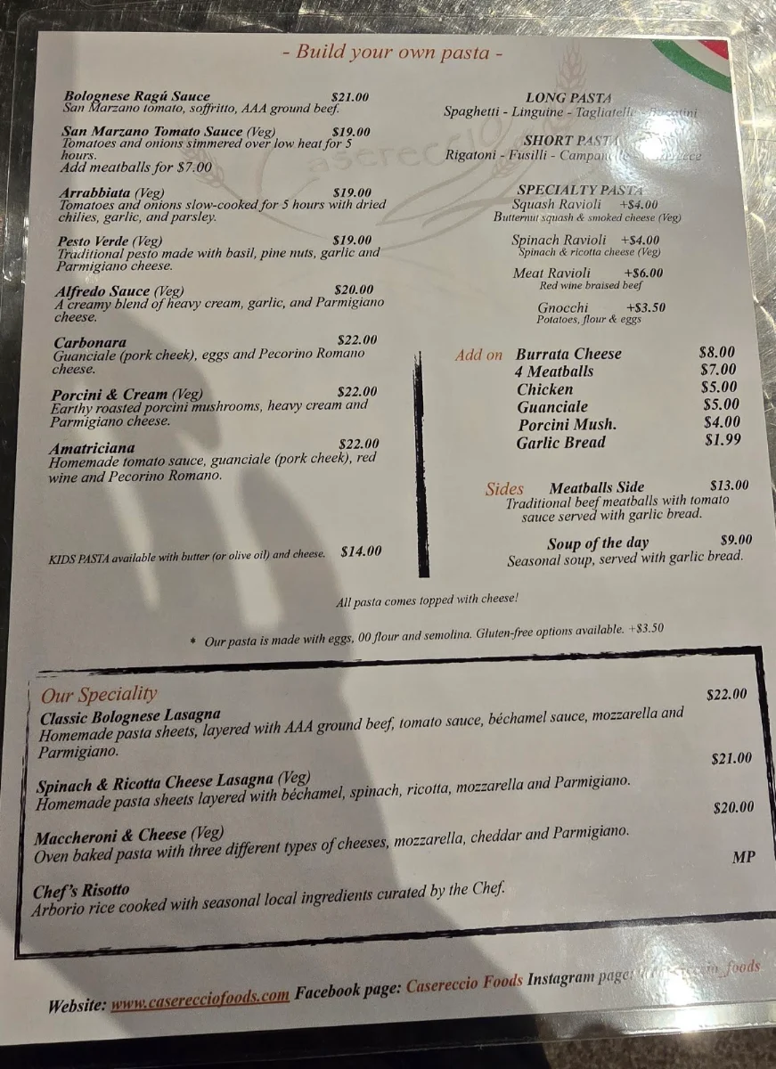 Menu, Casereccio Foods Coffee/Pasta Bar