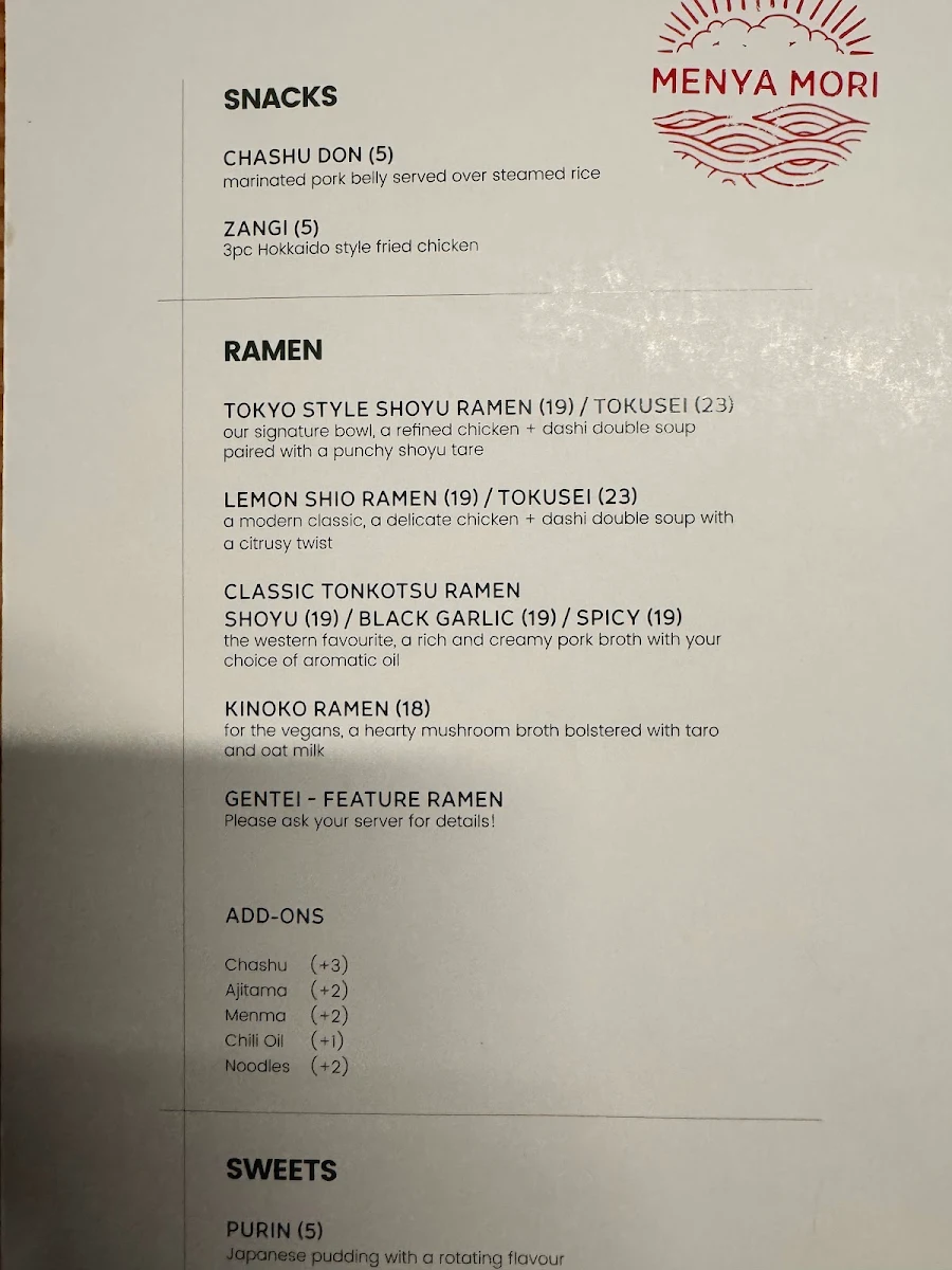 Menu, Menya Mori