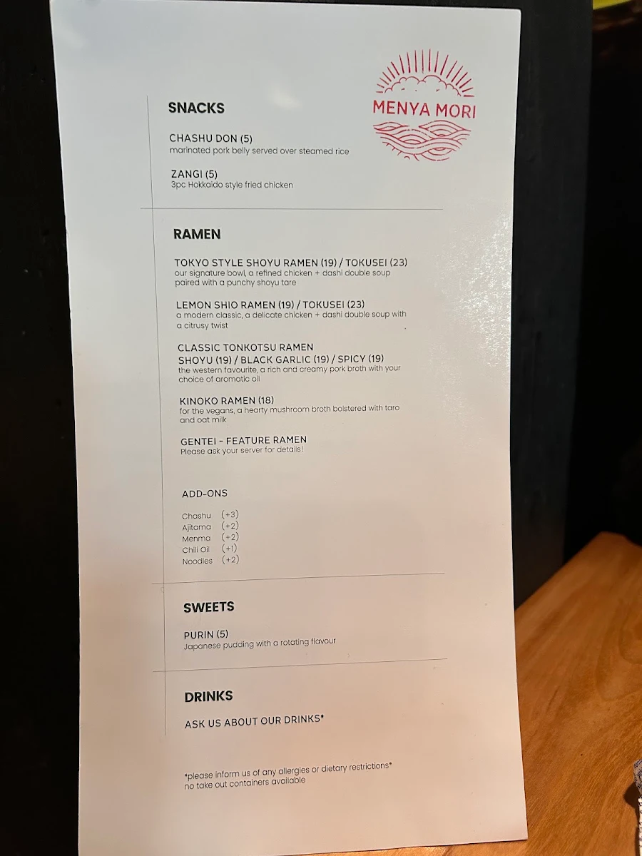 Menu, Menya Mori