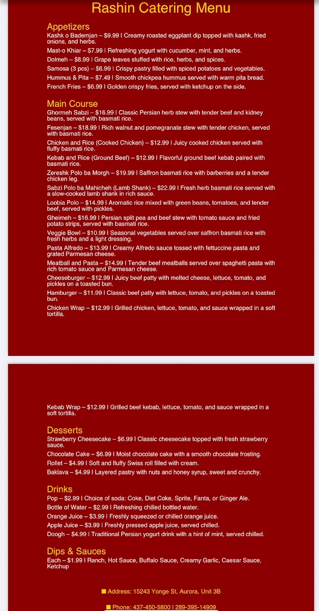 Menu, Rashin restaurant