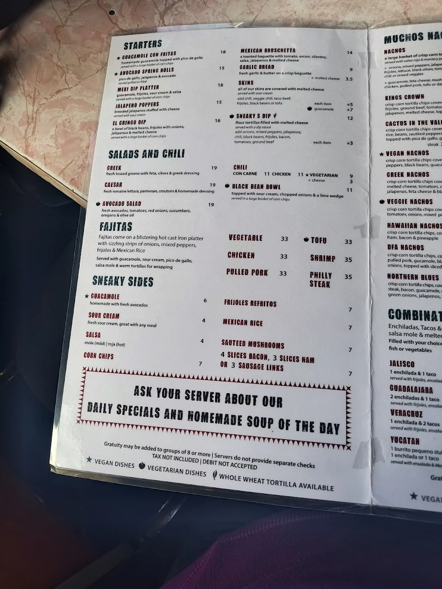 Menu, Sneaky Dee's