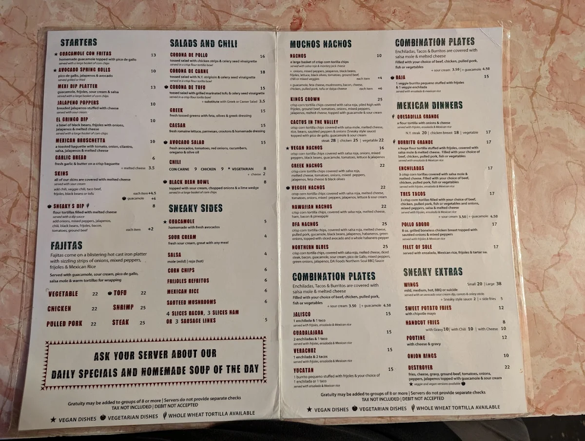 Menu, Sneaky Dee's