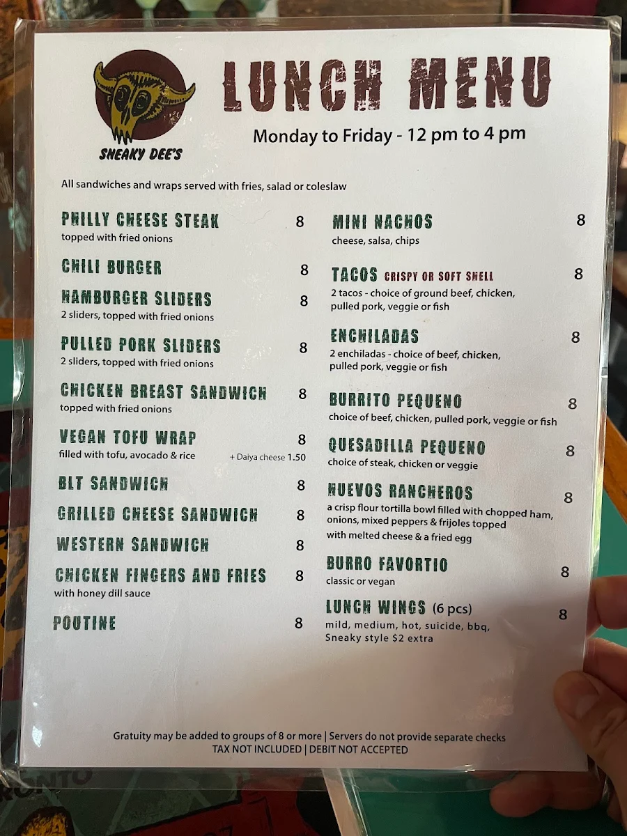 Menu, Sneaky Dee's