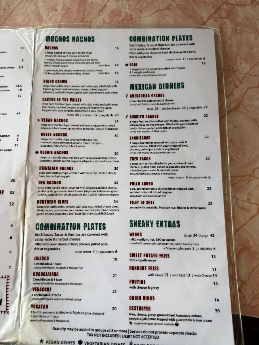 Menu, Sneaky Dee's