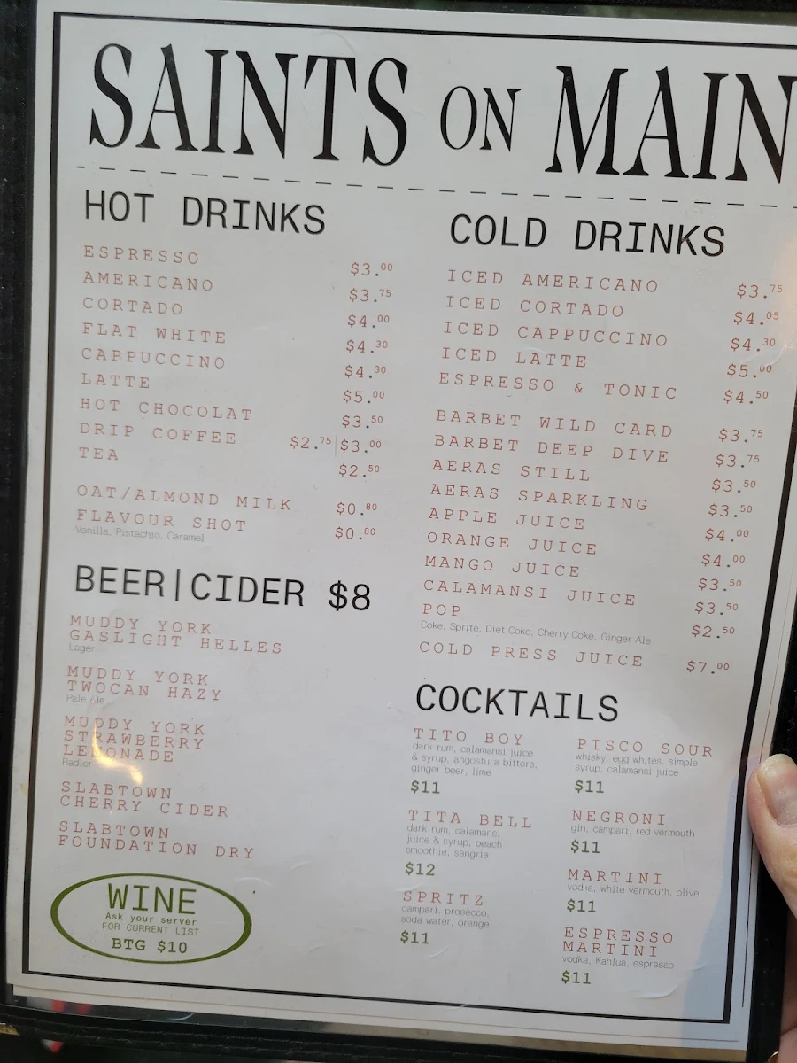 Menu, Saints on Main