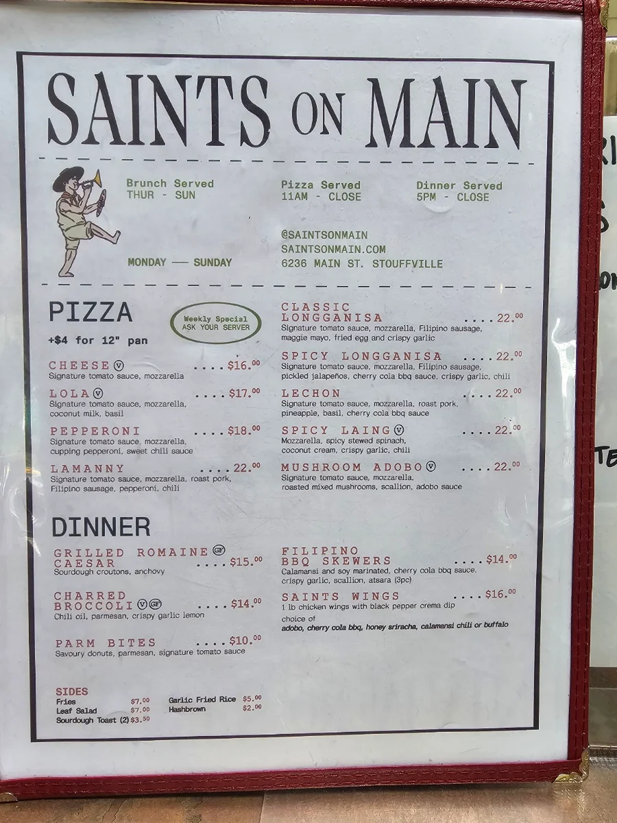 Menu, Saints on Main