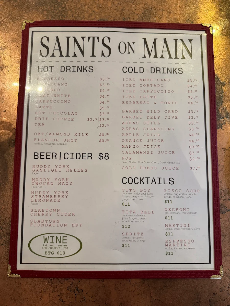 Menu, Saints on Main
