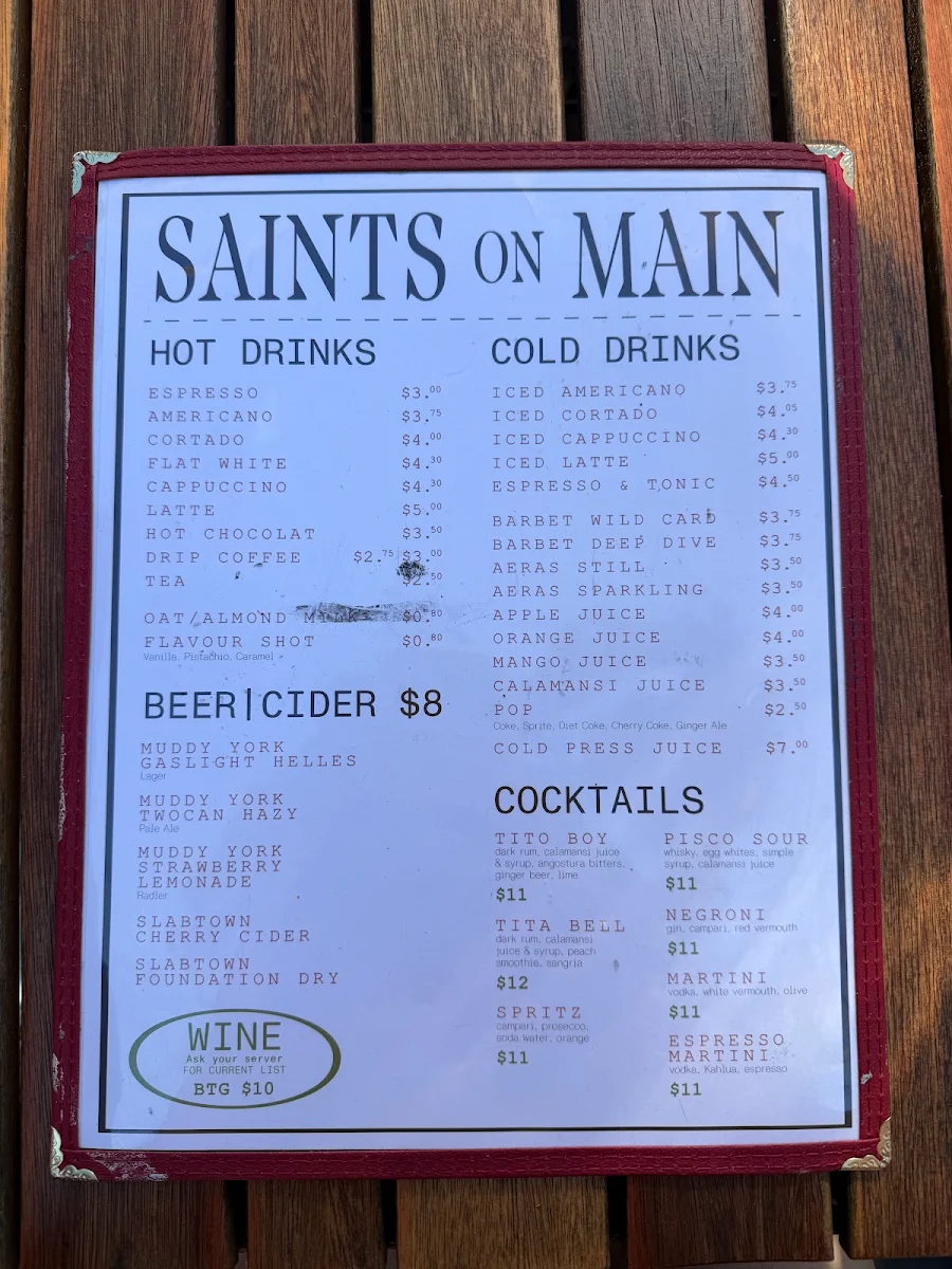 Menu, Saints on Main