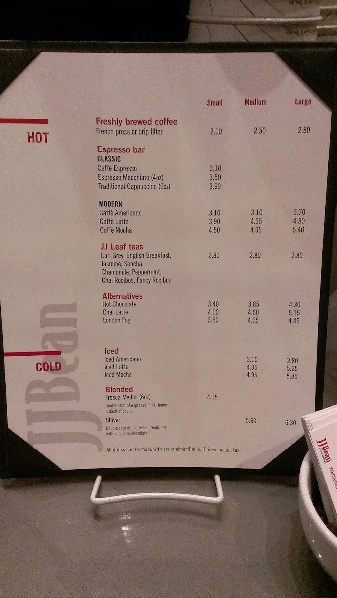 Menu, JJ Bean Coffee Roasters