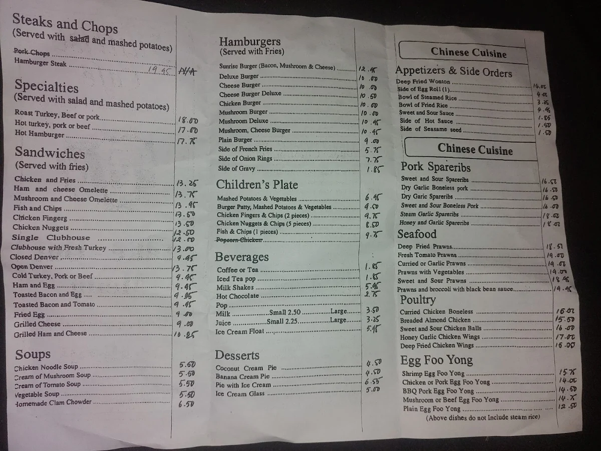 Menu, Sunrise Cafe