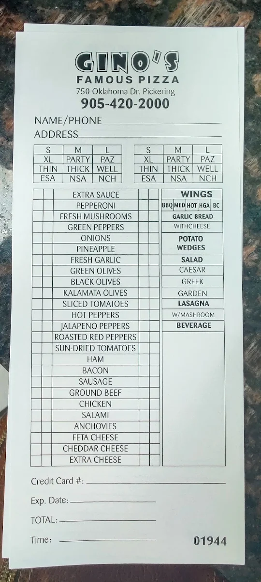 Menu, Gino's Famous Pizza
