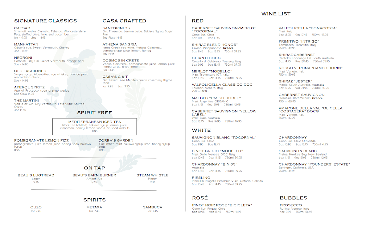 Menu, Casa Mia Barrie