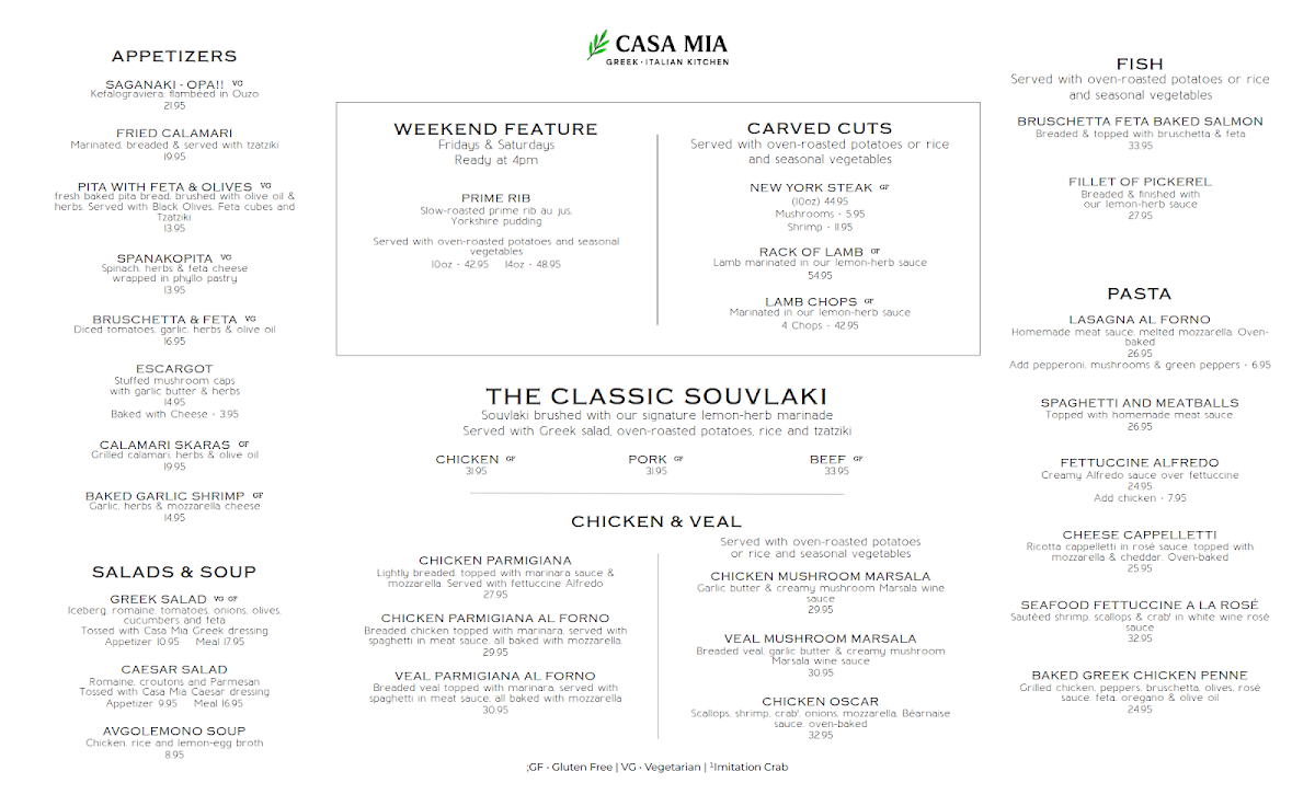 Menu, Casa Mia Barrie