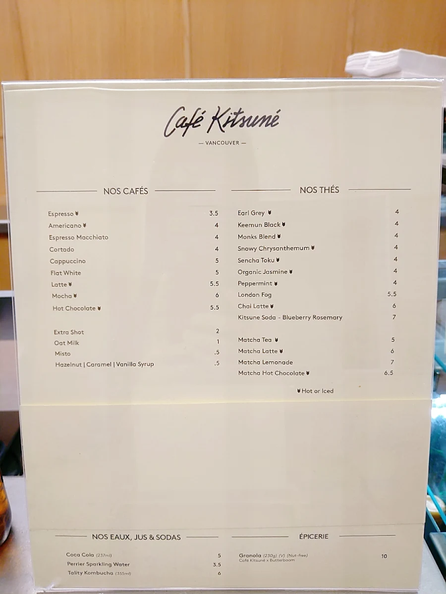 Menu, Café Kitsuné Vancouver