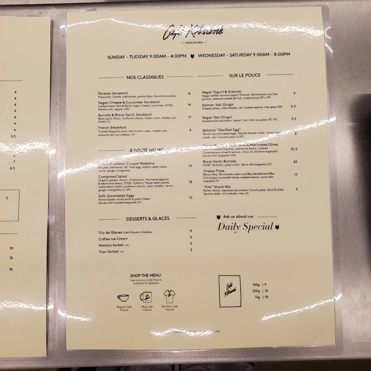 Menu, Café Kitsuné Vancouver